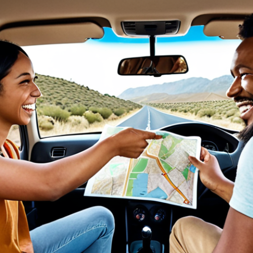 Home 15 **A group of diverse friends happily navigating a road trip with a clear map, symbolizing a transparent DAO making informed decisions.**