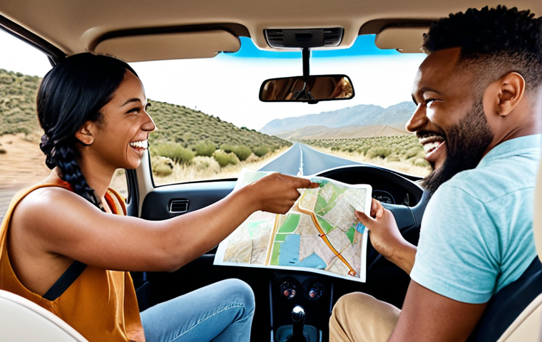 **A group of diverse friends happily navigating a road trip with a clear map, symbolizing a transparent DAO making informed decisions.**