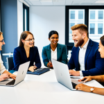 **

"A diverse group of professionals collaborating around a large conference table in a brightly lit, modern office. They are all fully clothed in modest business attire, engaged in a lively discussion, laptops and documents scattered on the table. Focus on teamwork and positive energy. Safe for work, appropriate content, professional, perfect anatomy, natural proportions, well-formed hands."

**