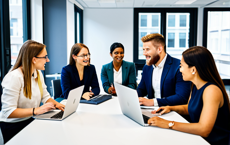 **
"A diverse group of professionals collaborating around a large conference table in a brightly lit, modern office. They are all fully clothed in modest business attire, engaged in a lively discussion, laptops and documents scattered on the table. Focus on teamwork and positive energy. Safe for work, appropriate content, professional, perfect anatomy, natural proportions, well-formed hands."
**