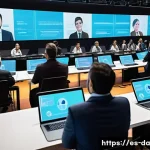 Home 23 DAO 거버넌스의 발전 방향 - A futuristic digital community meeting in a spacious, modern virtual hall filled with diverse Spanis...