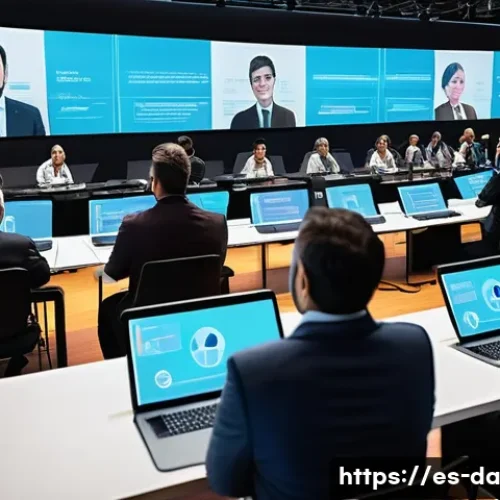 Home 17 DAO 거버넌스의 발전 방향 - A futuristic digital community meeting in a spacious, modern virtual hall filled with diverse Spanis...