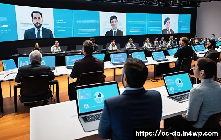 DAO 거버넌스의 발전 방향 - A futuristic digital community meeting in a spacious, modern virtual hall filled with diverse Spanis...